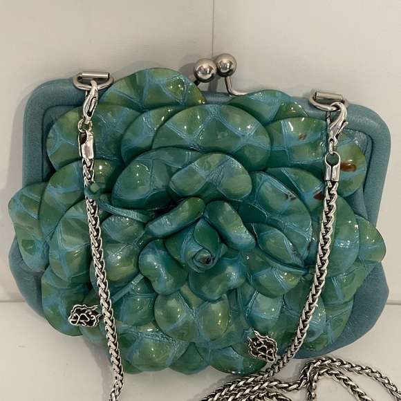 Brighton Roselie Green Layered Floral Design Long Silver Chain Kiss Lock Bag - Picture 3 of 16